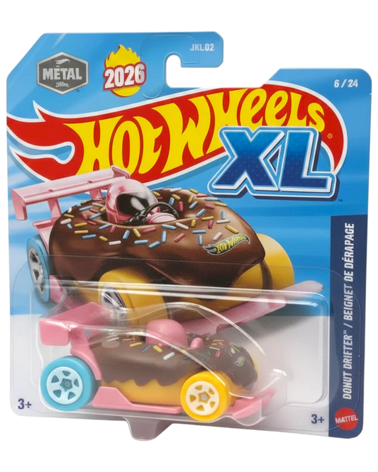 Hot Wheels XL toy car in packaging with donut-shaped body and pink interior.