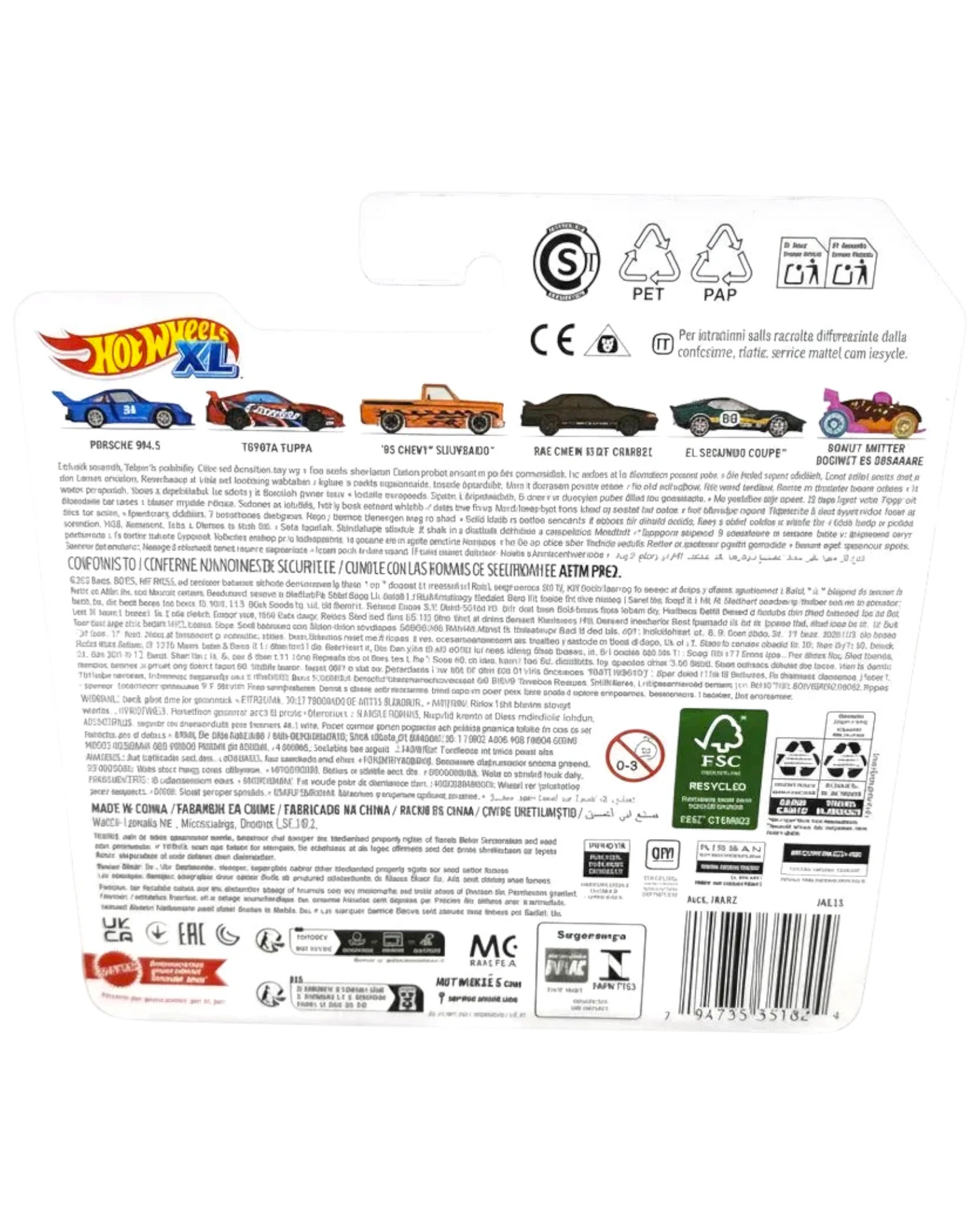Back of a Hot Wheels toy car packaging with branding and recycling information.
