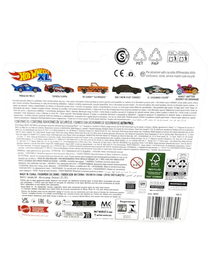 Back of a Hot Wheels toy car packaging with branding and recycling information.