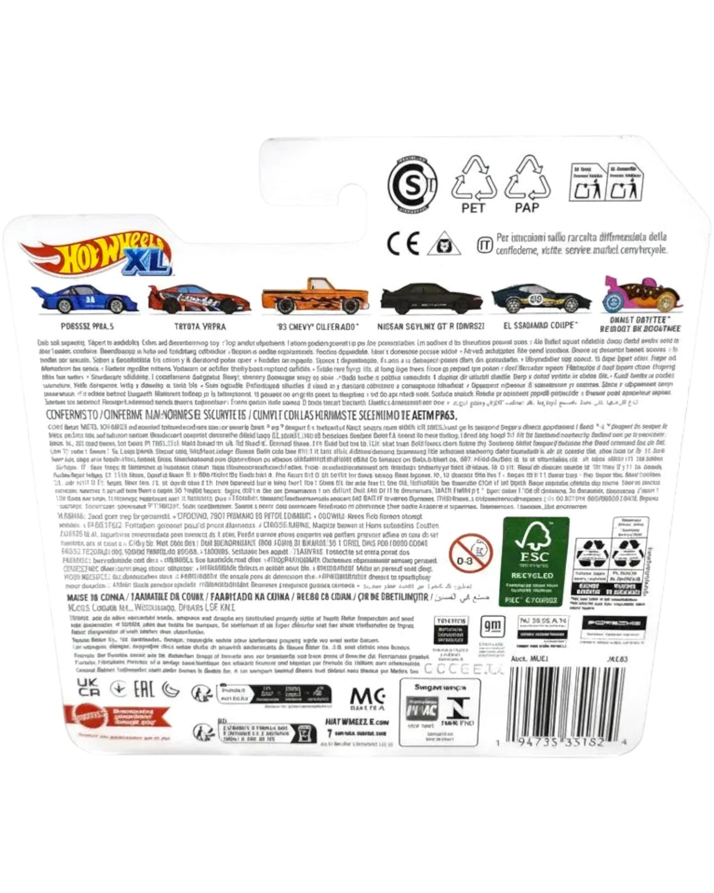 Back of a Hot Wheels toy car packaging with race track in the background