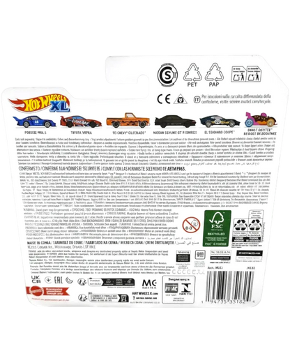 Back of a Hot Wheels toy car packaging with race track in the background