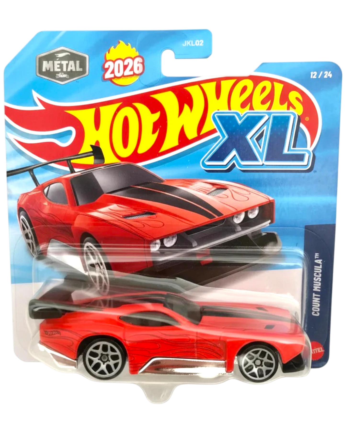 Hot Wheels XL toy car in packaging with red car and blue background