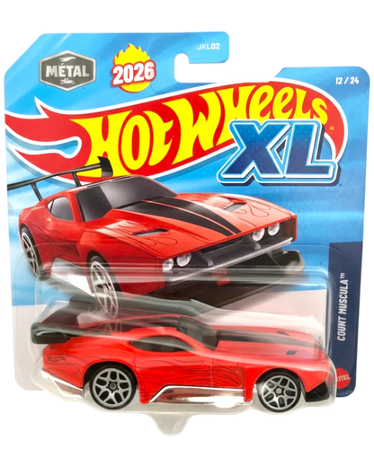 Hot Wheels XL toy car in packaging with red car and blue background
