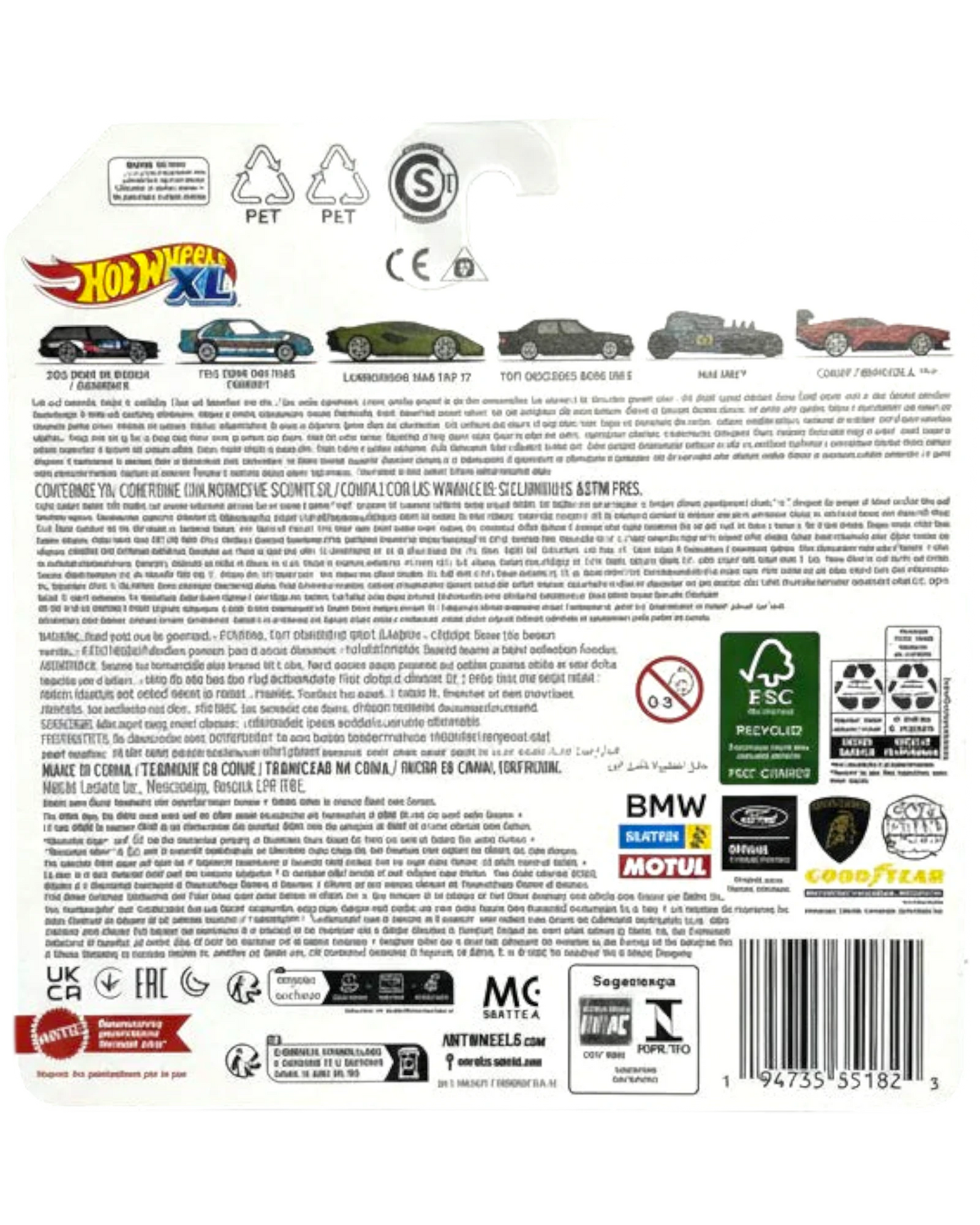 Back of a Hot Wheels toy car packaging with branding and product details.