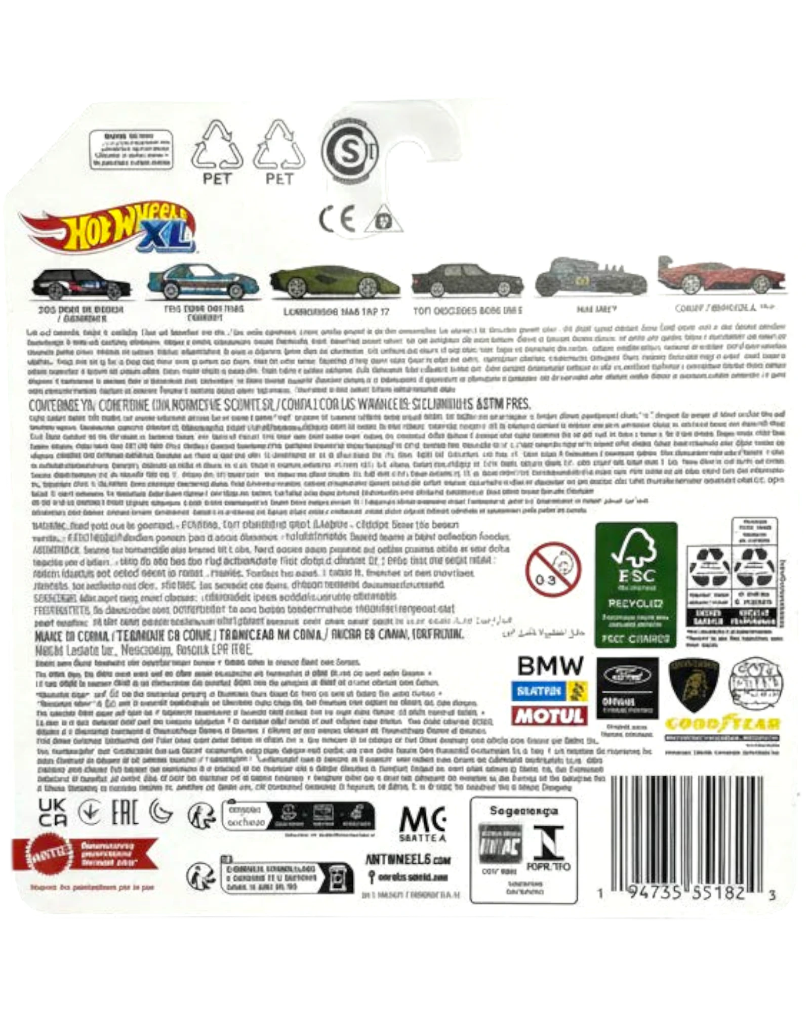 Back of a Hot Wheels toy car packaging with branding and product details.