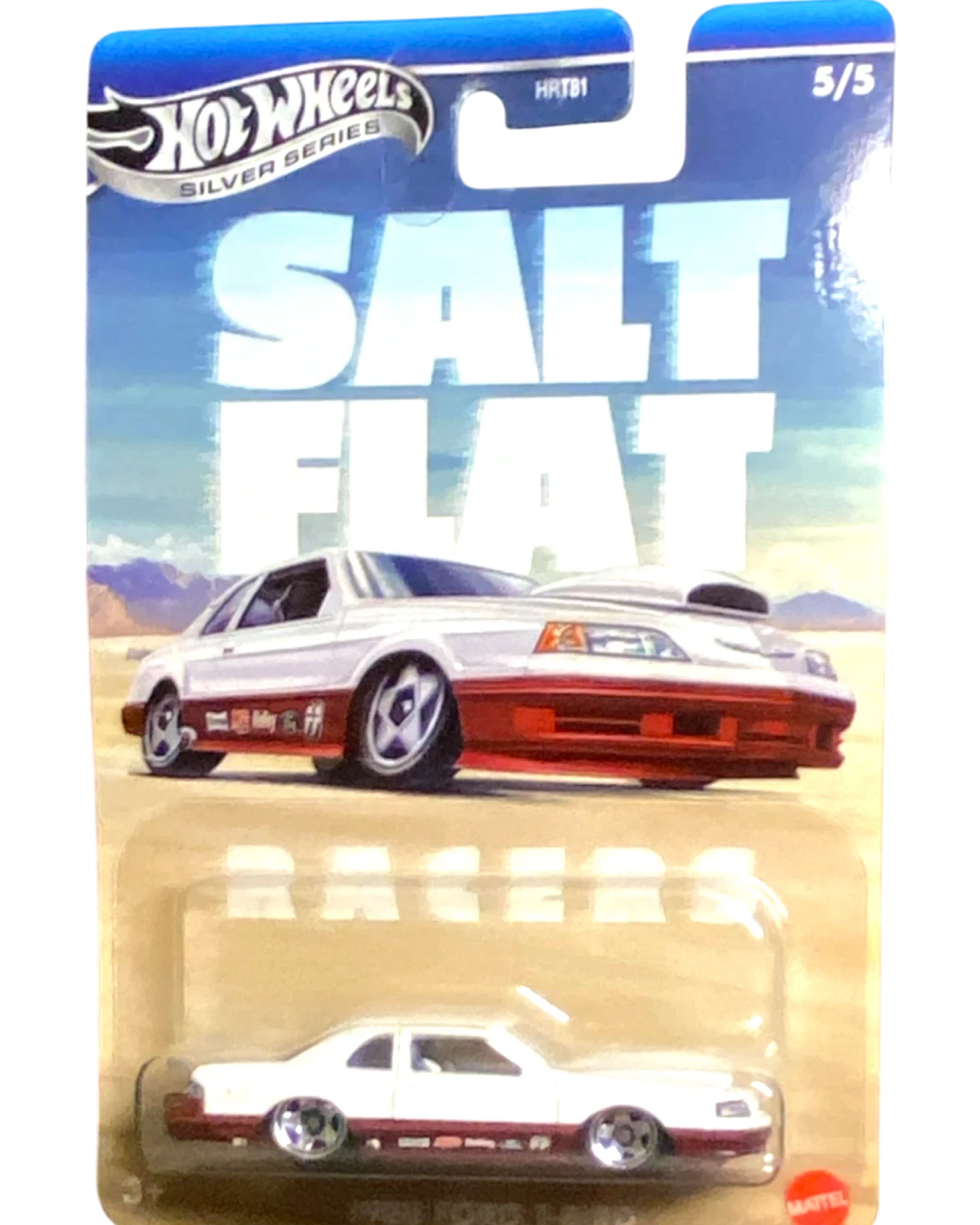 Hot Wheels Salt Flat Racers toy car packaging with a white car on a desert background