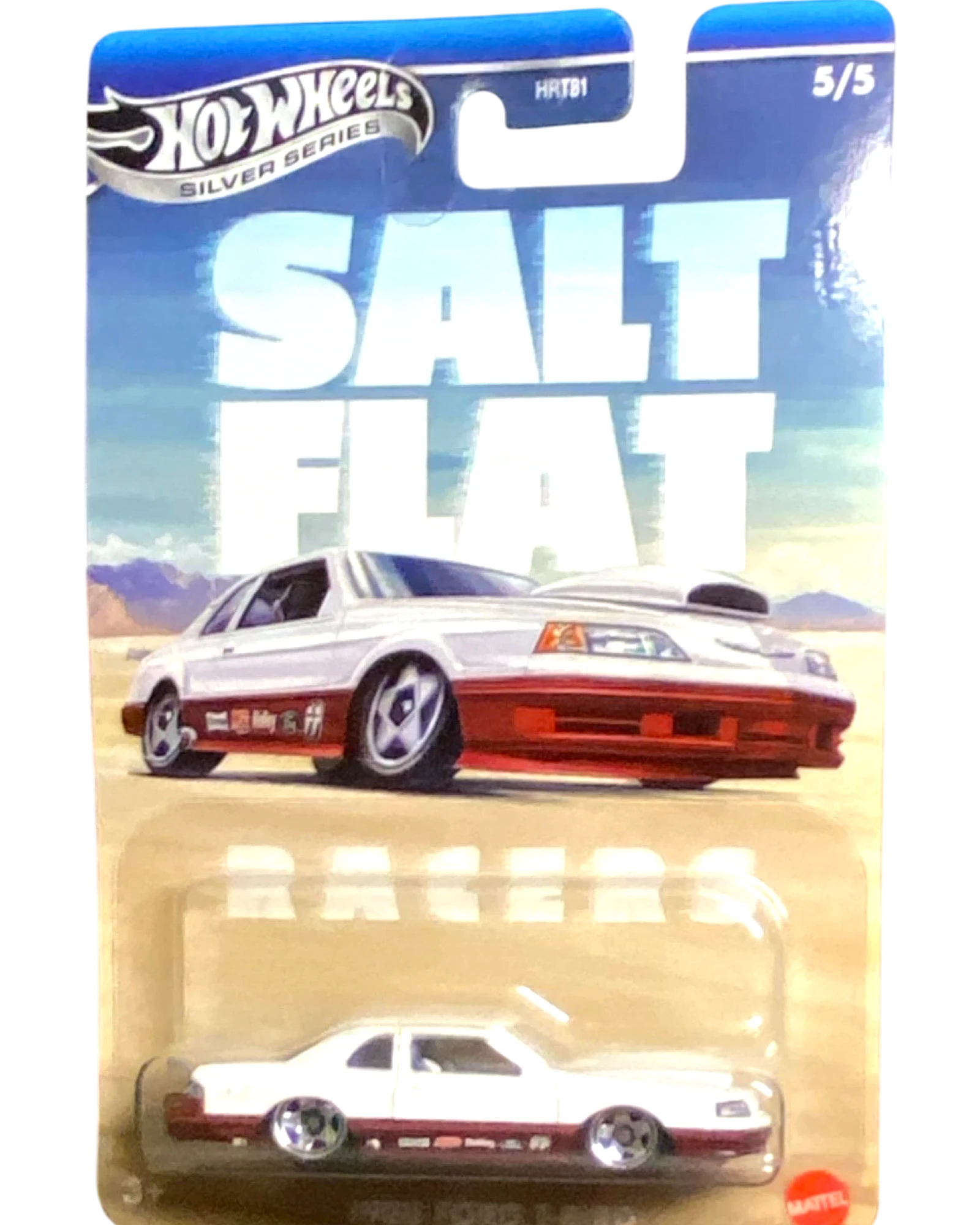 Hot Wheels Salt Flat Racers toy car packaging with a white car on a desert background