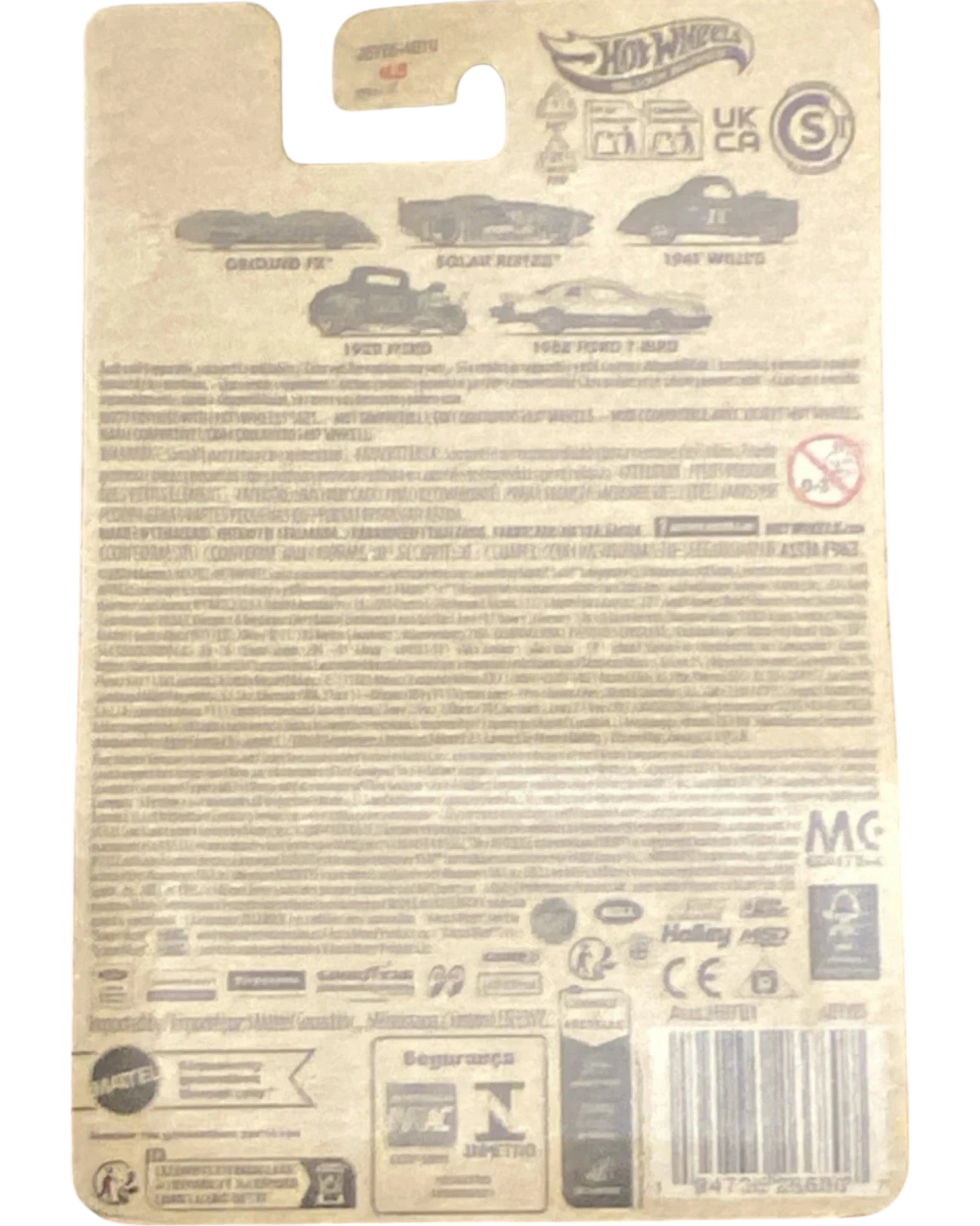 Back of a Hot Wheels packaging with text and branding