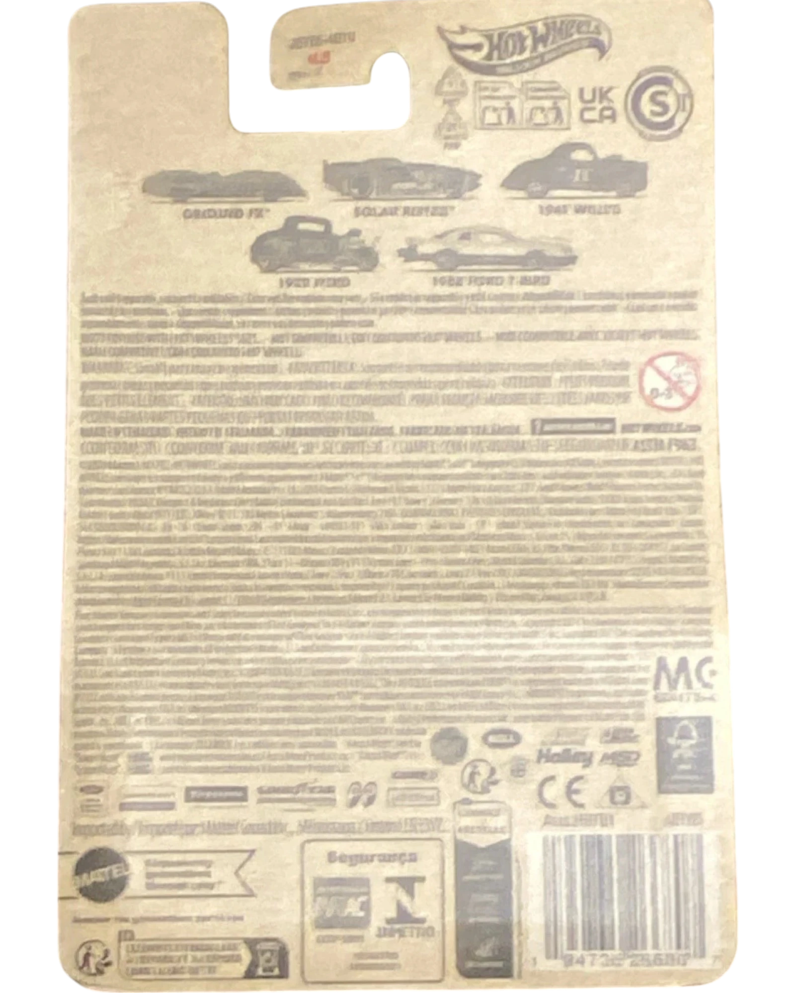 Back of a Hot Wheels packaging with text and branding