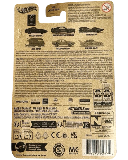 Back view of a Hot Wheels toy car packaging with branding and product details.