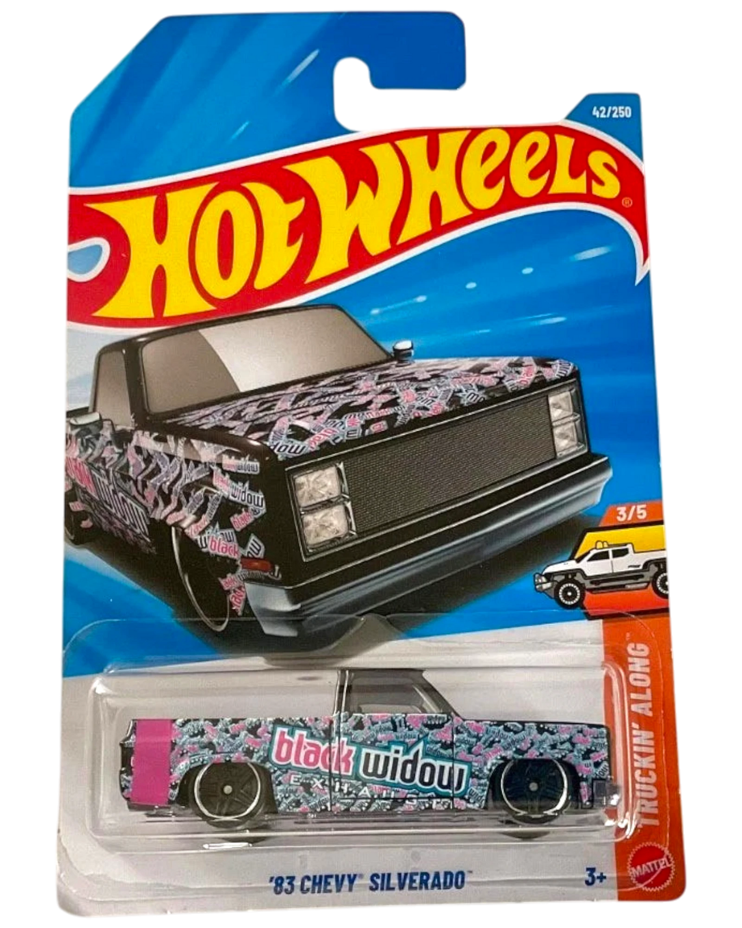 Hot Wheels 83 Chevy Silverado Truckin Along Black Widow Open Box Damaged Card