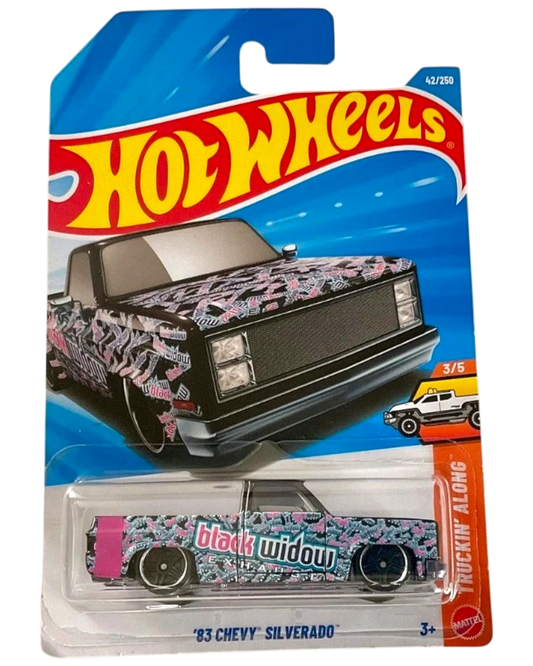 Hot Wheels 83 Chevy Silverado Truckin Along Black Widow Open Box Damaged Card