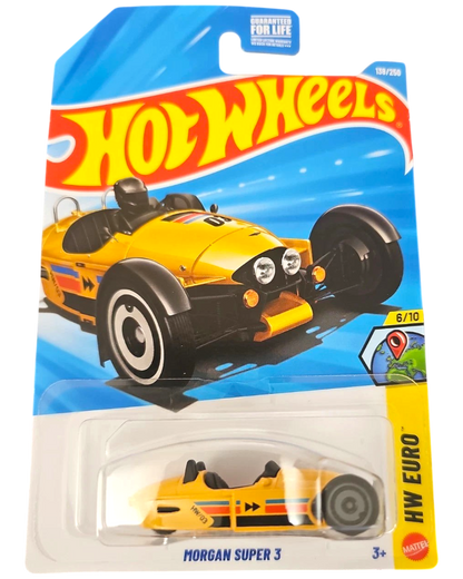 More Than Diecast Hot Wheels 2026 Morgan Super 3 yellow 1:64 scale die-cast car in original blister packaging