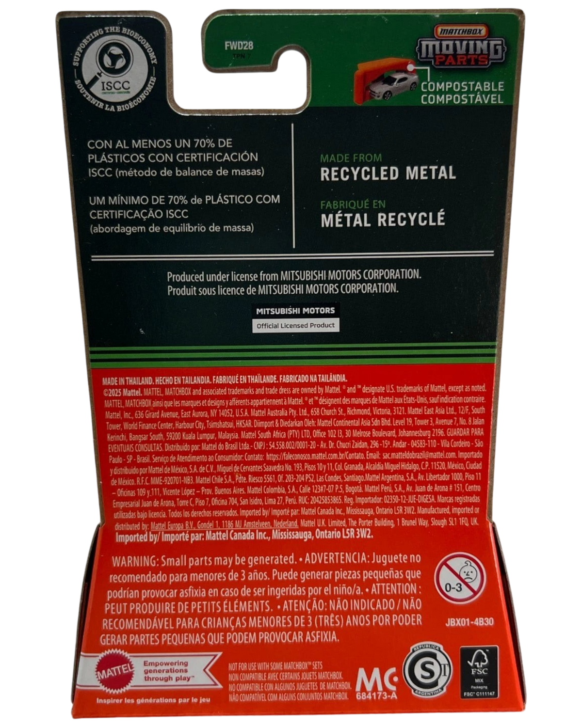 More Than Diecast Matchbox 1975 Mitsubishi Lancer Celeste packaging back showing recycled metal and safety information