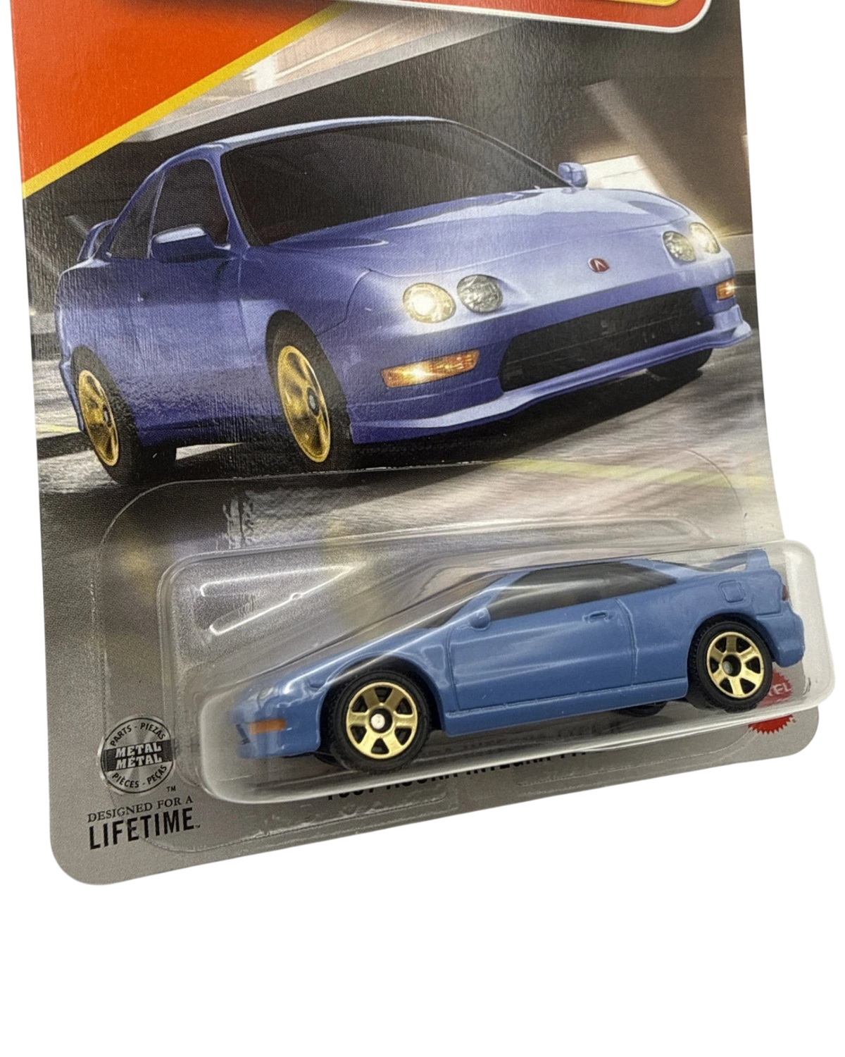 More Than Diecast 1997 Acura Integra Type R die-cast car in blue with gold wheels in original blister packaging