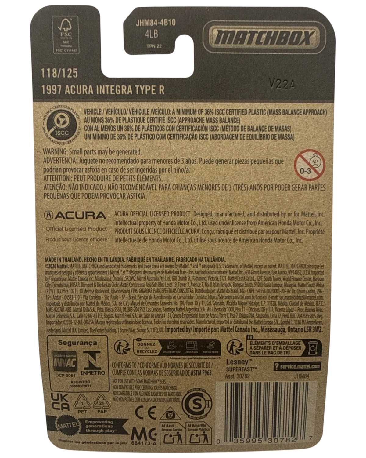 More Than Diecast 1:64 scale Matchbox 1997 Acura Integra Type R packaging back showing product details and warnings
