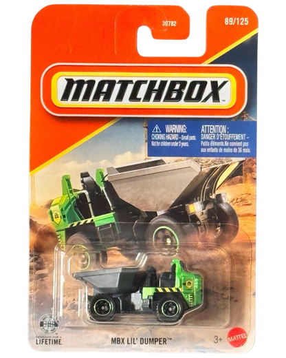 More Than Diecast Matchbox Lil' Dumper green construction dump truck in original blister pack packaging