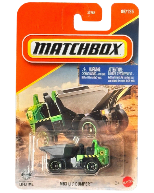 More Than Diecast Matchbox Lil' Dumper green construction dump truck in original blister pack packaging