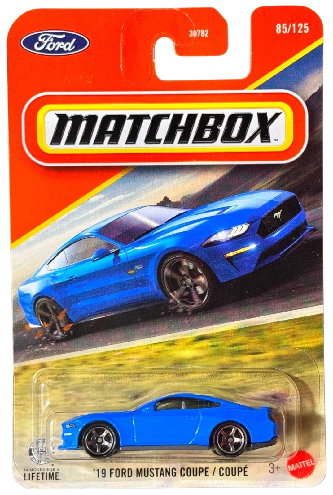 More Than Diecast 1:64 scale 2019 Ford Mustang Coupe in Grabber Blue on Matchbox mainline blister card packaging