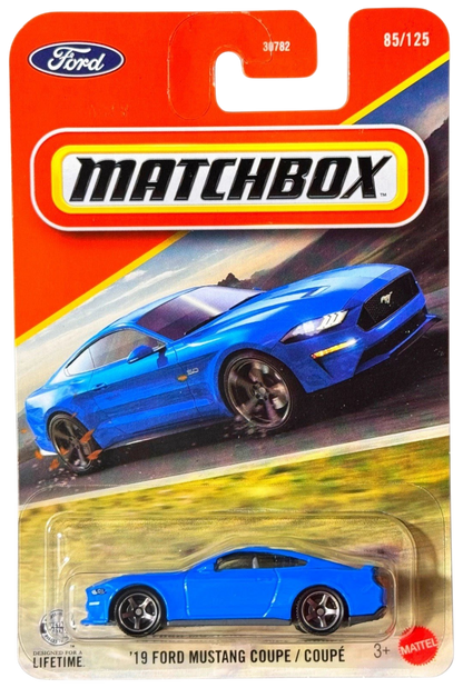 More Than Diecast 1:64 scale 2019 Ford Mustang Coupe in Grabber Blue on Matchbox mainline blister card packaging