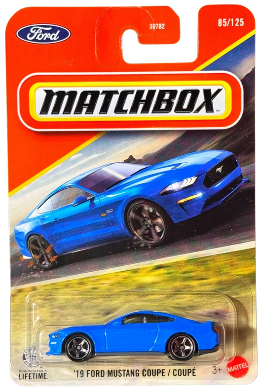 More Than Diecast 1:64 scale 2019 Ford Mustang Coupe in Grabber Blue on Matchbox mainline blister card packaging