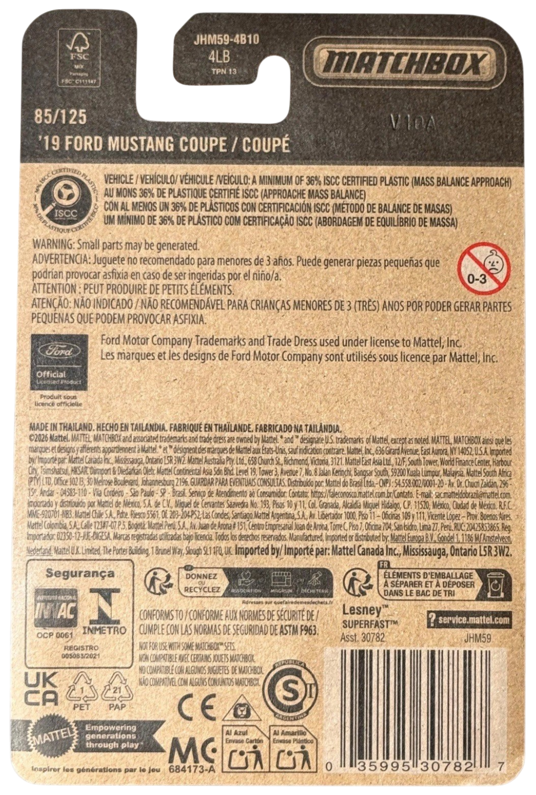 Back of More Than Diecast Matchbox 2019 Ford Mustang Coupe packaging showing product details and safety information