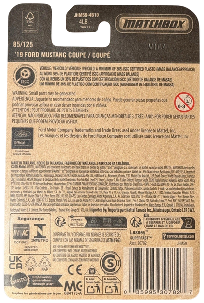 Back of More Than Diecast Matchbox 2019 Ford Mustang Coupe packaging showing product details and safety information