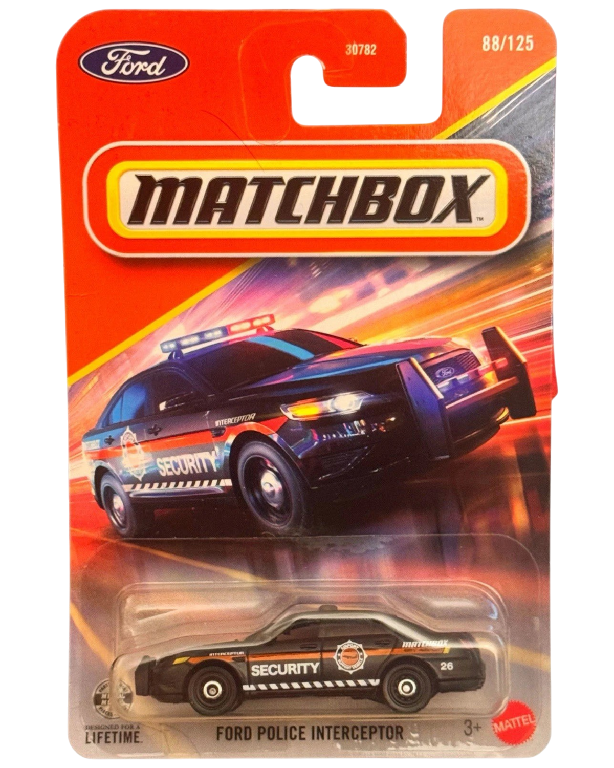 More Than Diecast Matchbox 1:64 scale black Ford Police Interceptor security vehicle in original blister card packaging