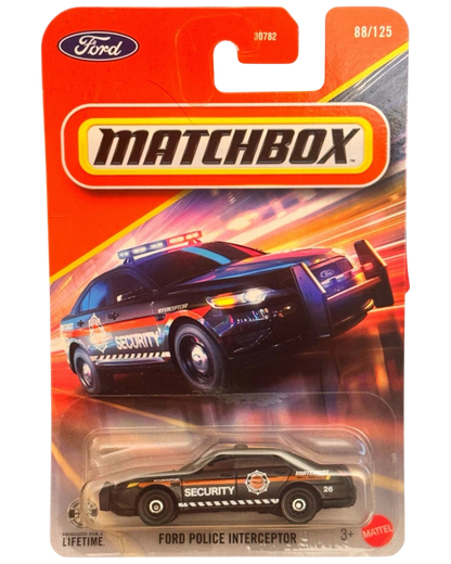 More Than Diecast Matchbox 1:64 scale black Ford Police Interceptor security vehicle in original blister card packaging