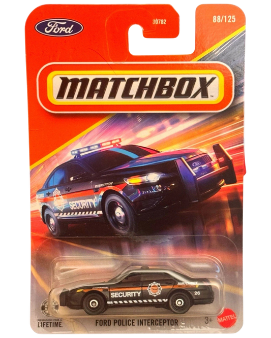 More Than Diecast Matchbox 1:64 scale black Ford Police Interceptor security vehicle in original blister card packaging