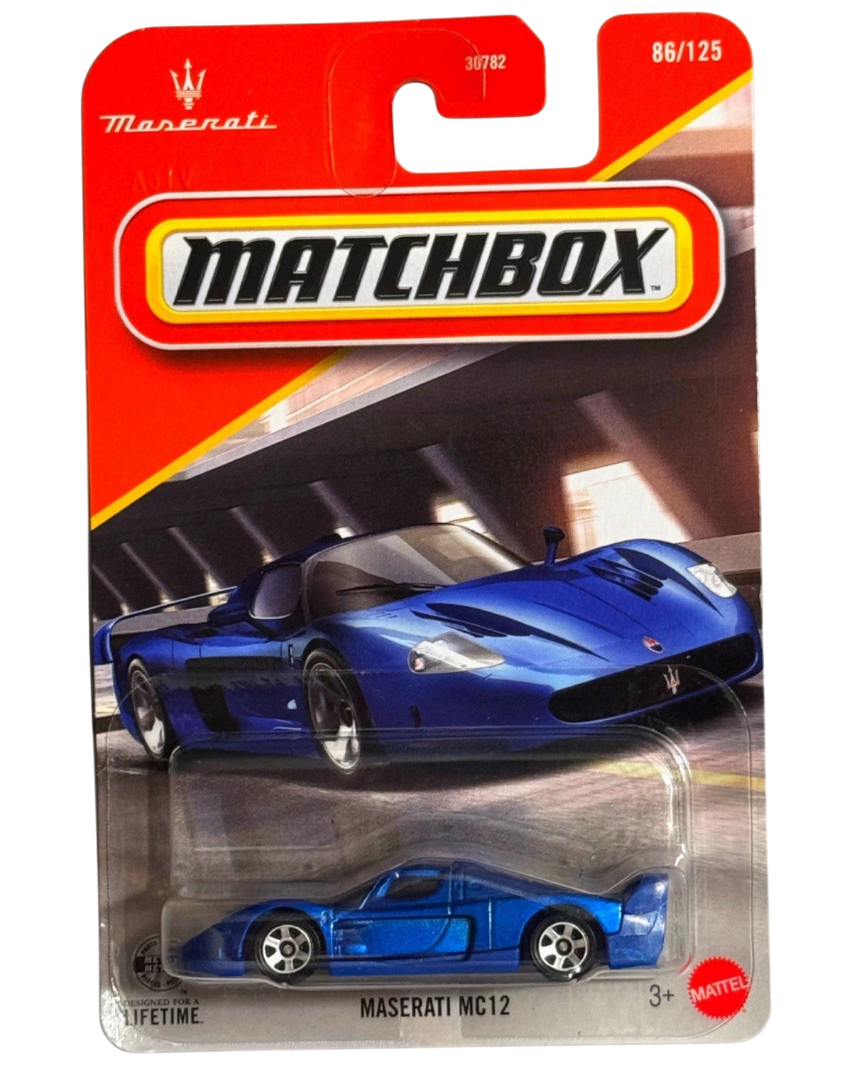 More Than Diecast Matchbox Maserati MC12 die-cast car in metallic blue on a blister card packaging