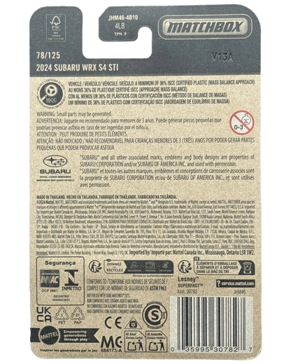 More Than Diecast Matchbox 2024 Subaru WRX S4 STI die-cast packaging back with product details and safety warnings