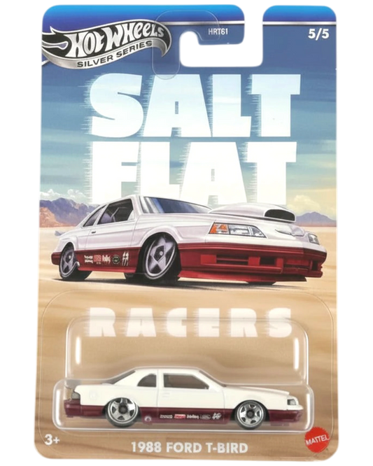 Hot Wheels 1988 Ford T-Bird toy car in packaging with 'Salt Flat Racers' theme.
