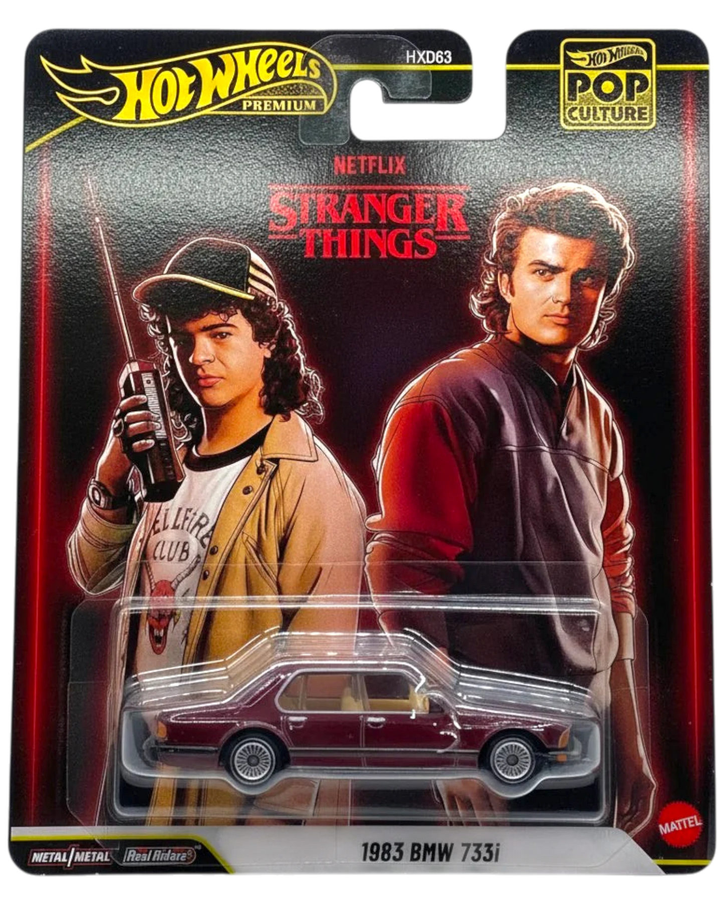 Hot Wheels Stranger Things action figure packaging with two characters and a car.