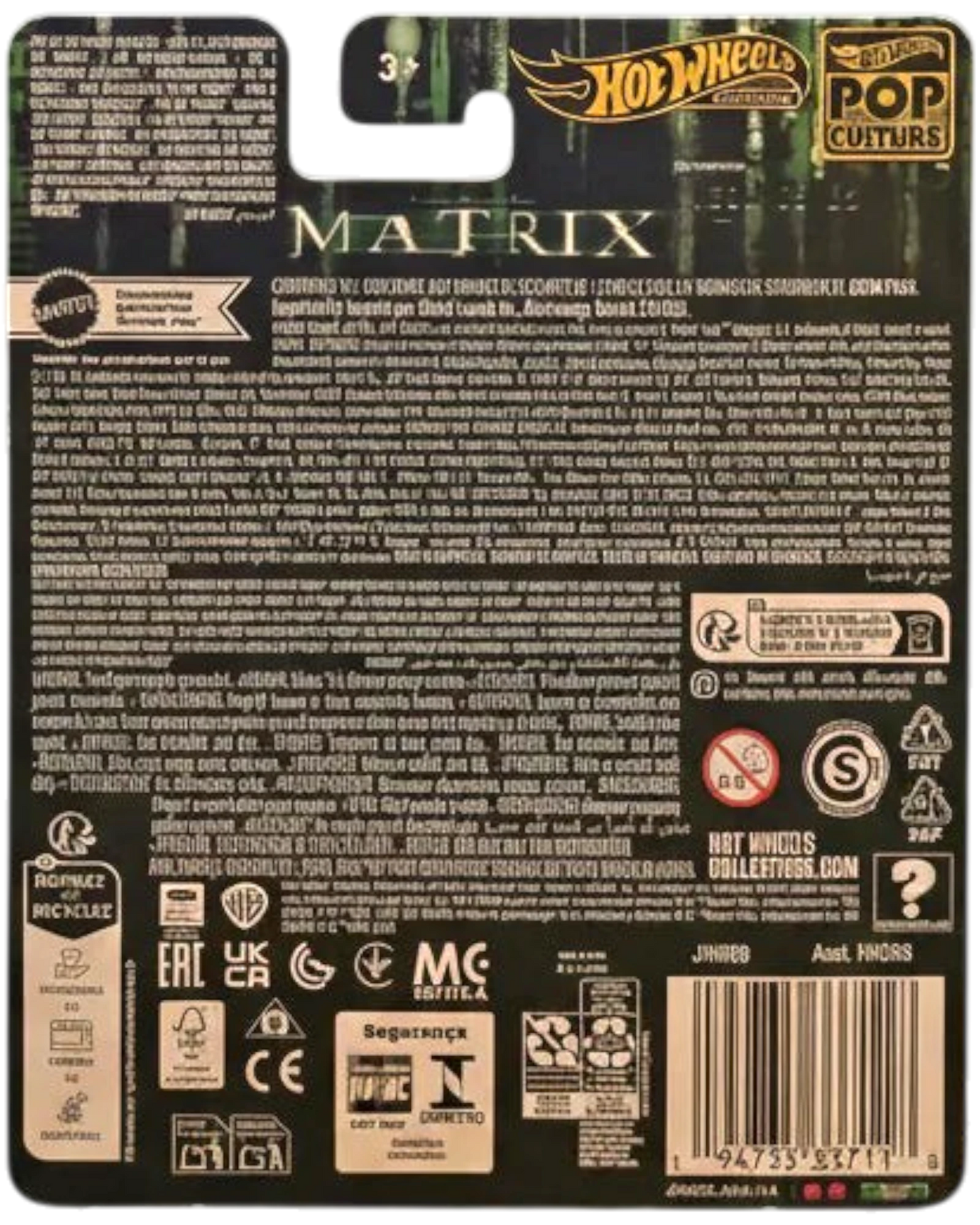 Back of a Hot Wheels action figure packaging with branding and product details.