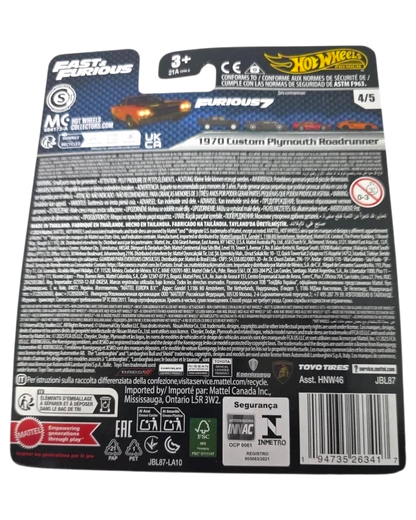 Back of a Hot Wheels packaging with branding and product details on a white background