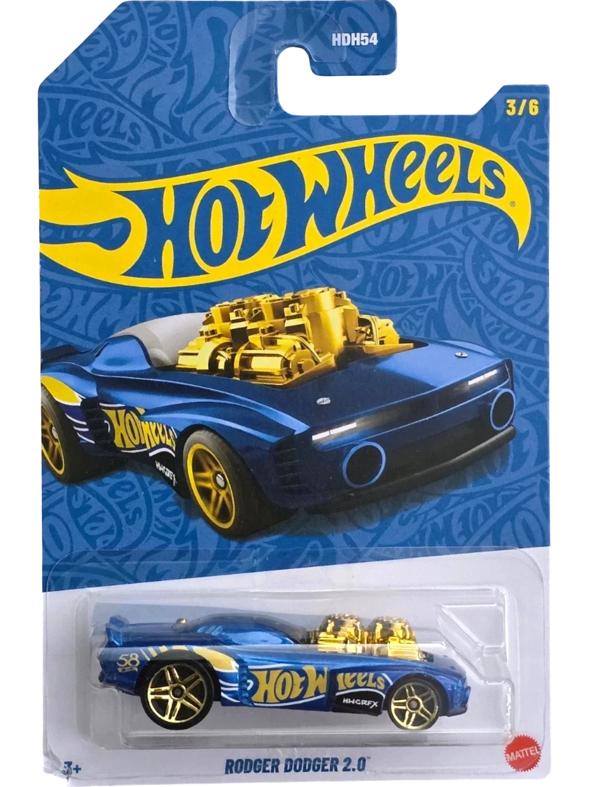 Hot Wheels toy car in blue and yellow packaging