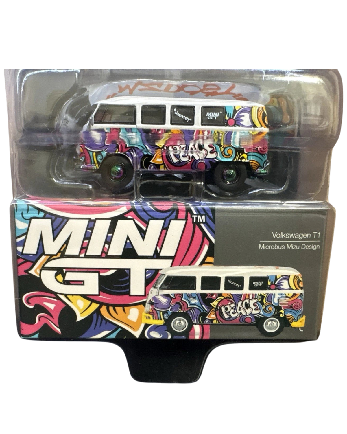 More Than Diecast 1/64 scale Volkswagen T1 Bus with vibrant Mizu graffiti design in white and yellow packaging