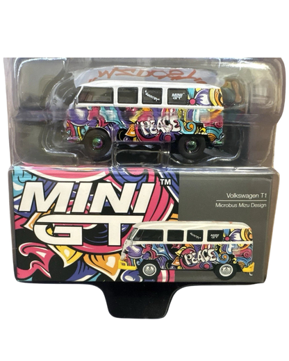 More Than Diecast 1/64 scale Volkswagen T1 Bus with vibrant Mizu graffiti design in white and yellow packaging