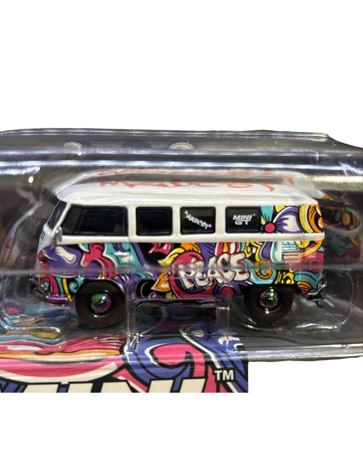 More Than Diecast 1/64 scale Volkswagen Bus chase edition with white and yellow Mizu design graffiti art