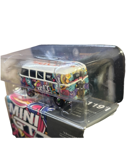 More Than Diecast 1/64 scale Volkswagen Bus chase model with Mizu design, featuring white and yellow graffiti art.