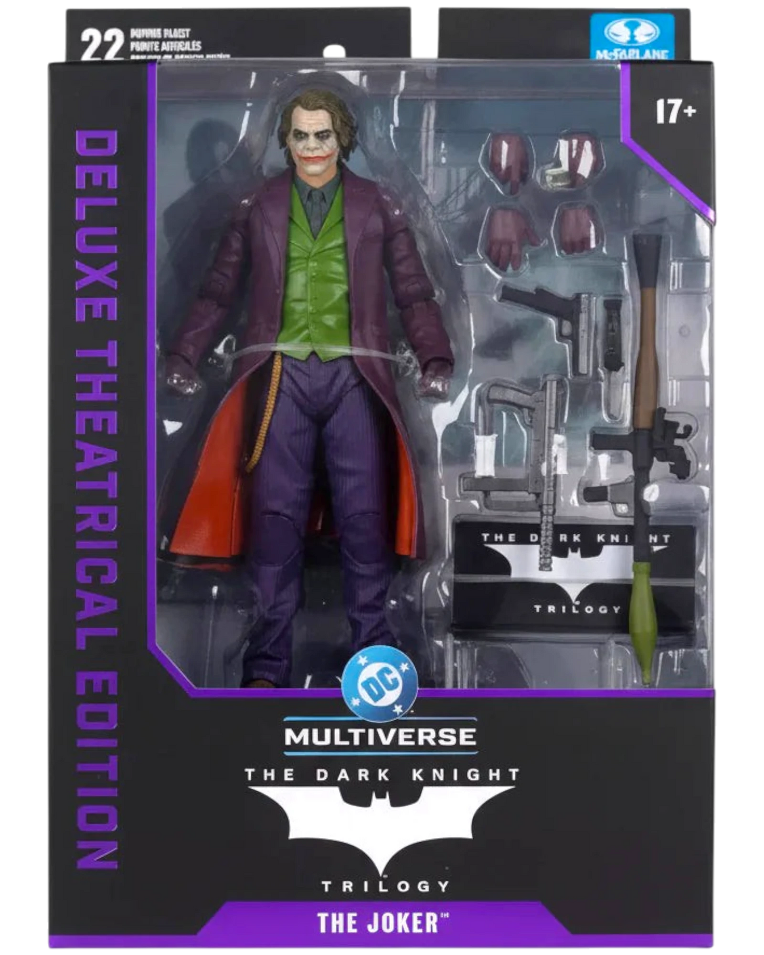 Action figure of The Joker from 'The Dark Knight' trilogy in packaging with visible branding.