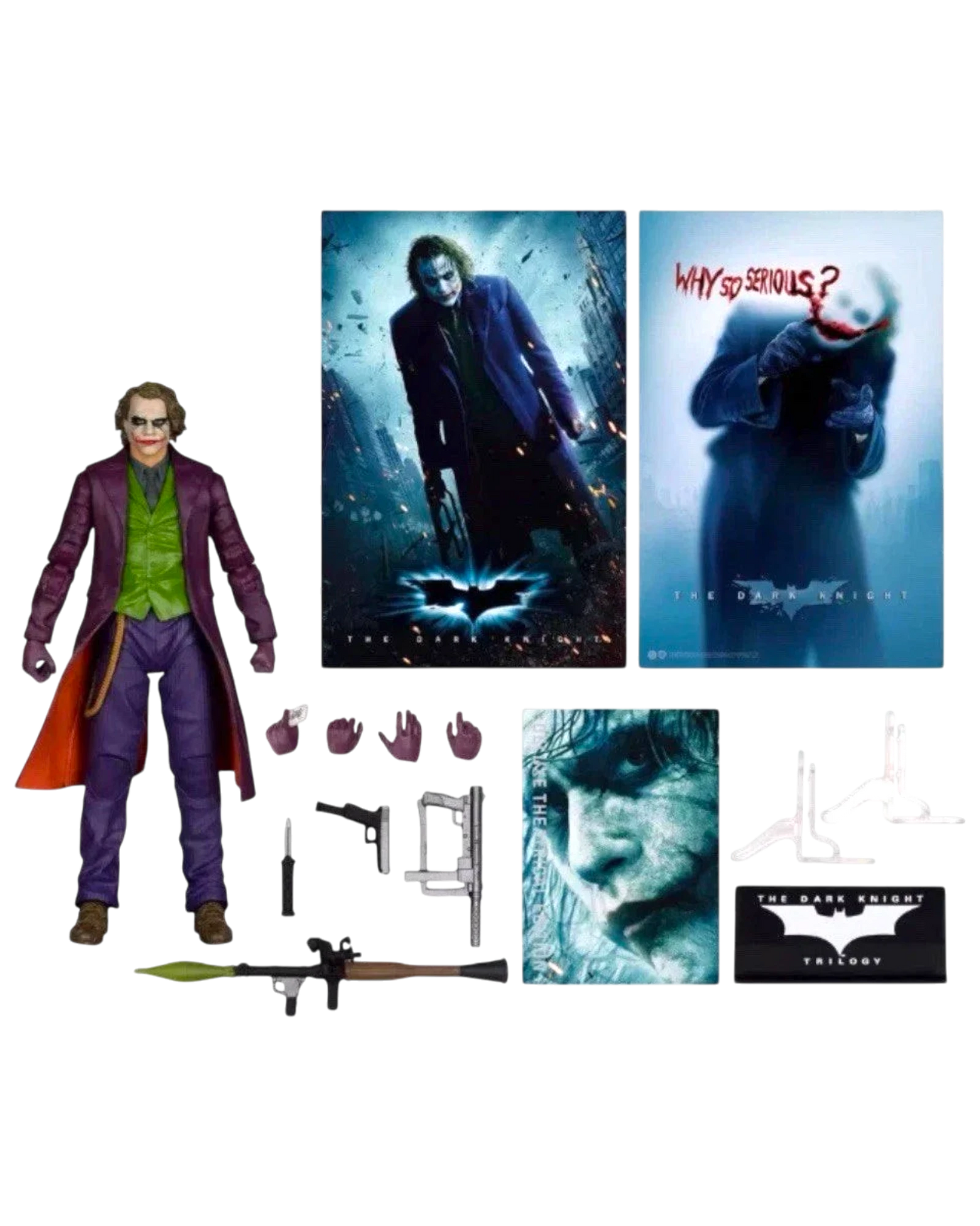 Action figure of a character from a movie with promotional posters and accessories.