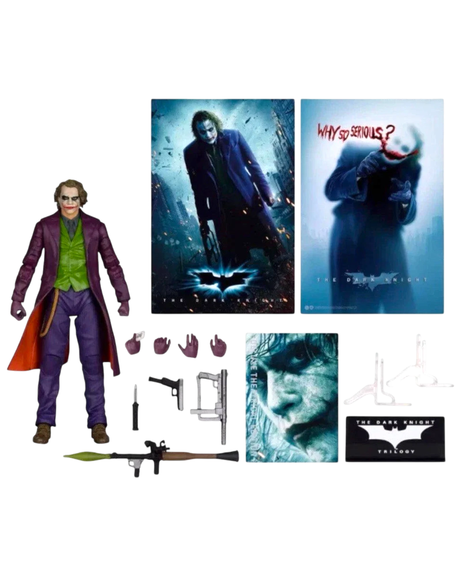 Action figure of a character from a movie with promotional posters and accessories.