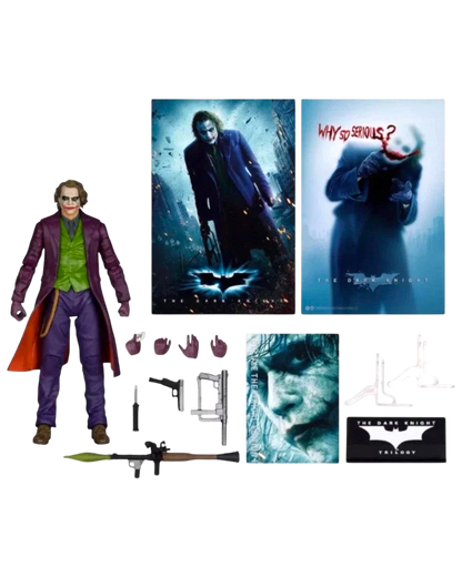 Action figure of a character from a movie with promotional posters and accessories.